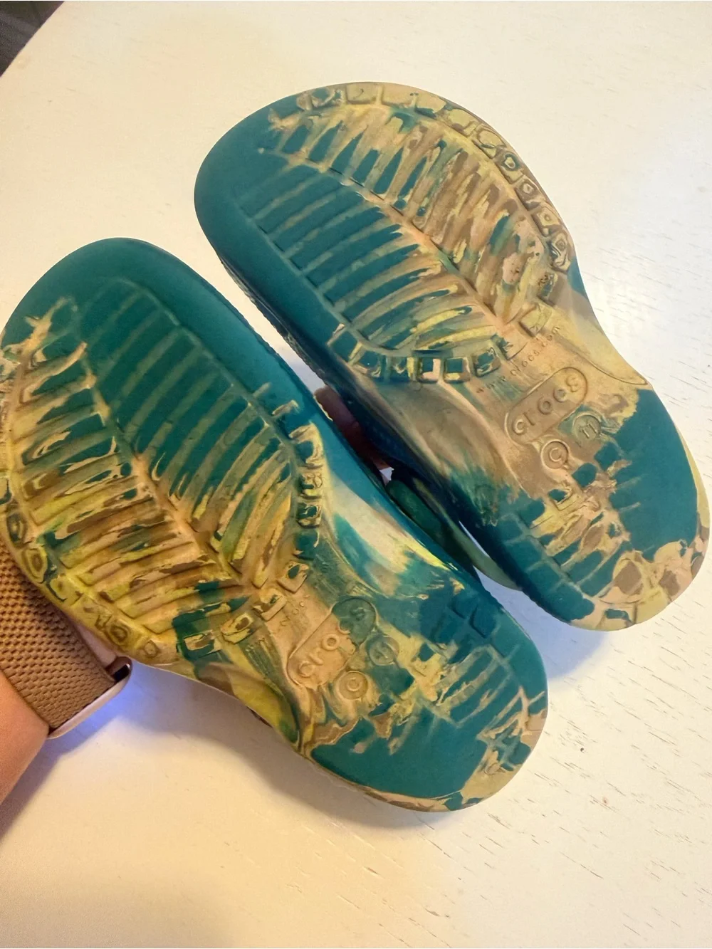 Kids Crocs Slip-On Clogs in Blue & Green swirl pattern